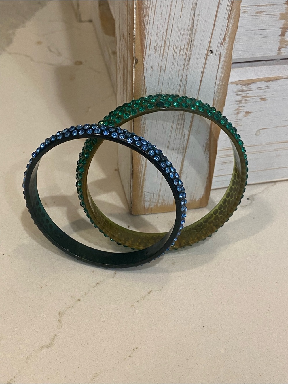 Green and Blue Crystal Bakelite Bracelet Set